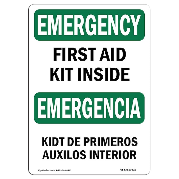 OSHA Emergency Sign, 7" H, Aluminum, First Aid Kit Inside Bilingual, Landscape, EM-L-10321
